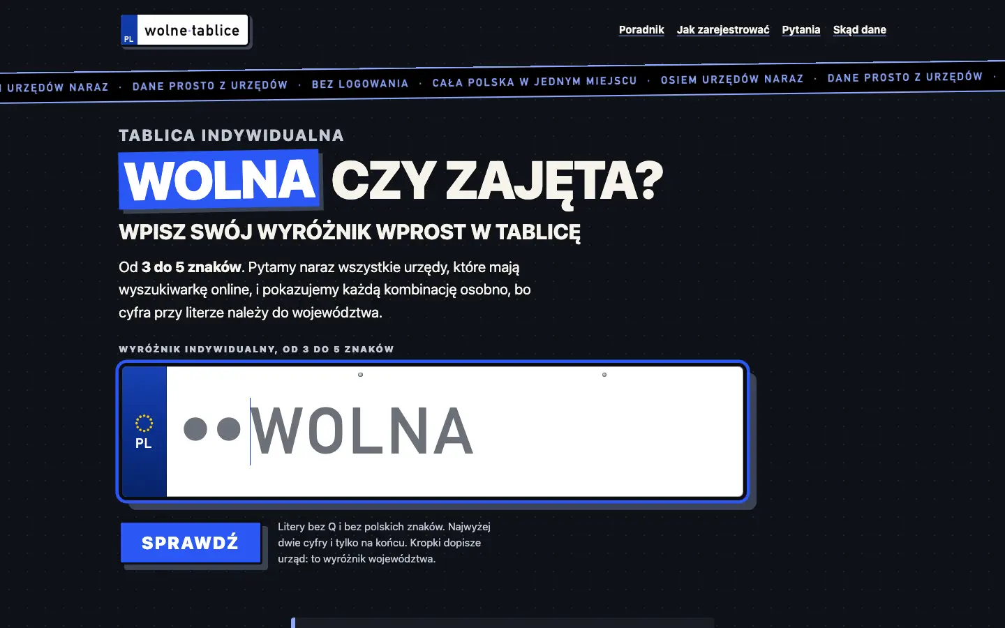 Zrzut ekranu strony wolnetablice.pl